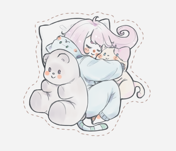 Niini, a short, thin, white person wearing a cat kigurumi and sleeping near a giant bear plushie while holding a cat plushie named Maru.